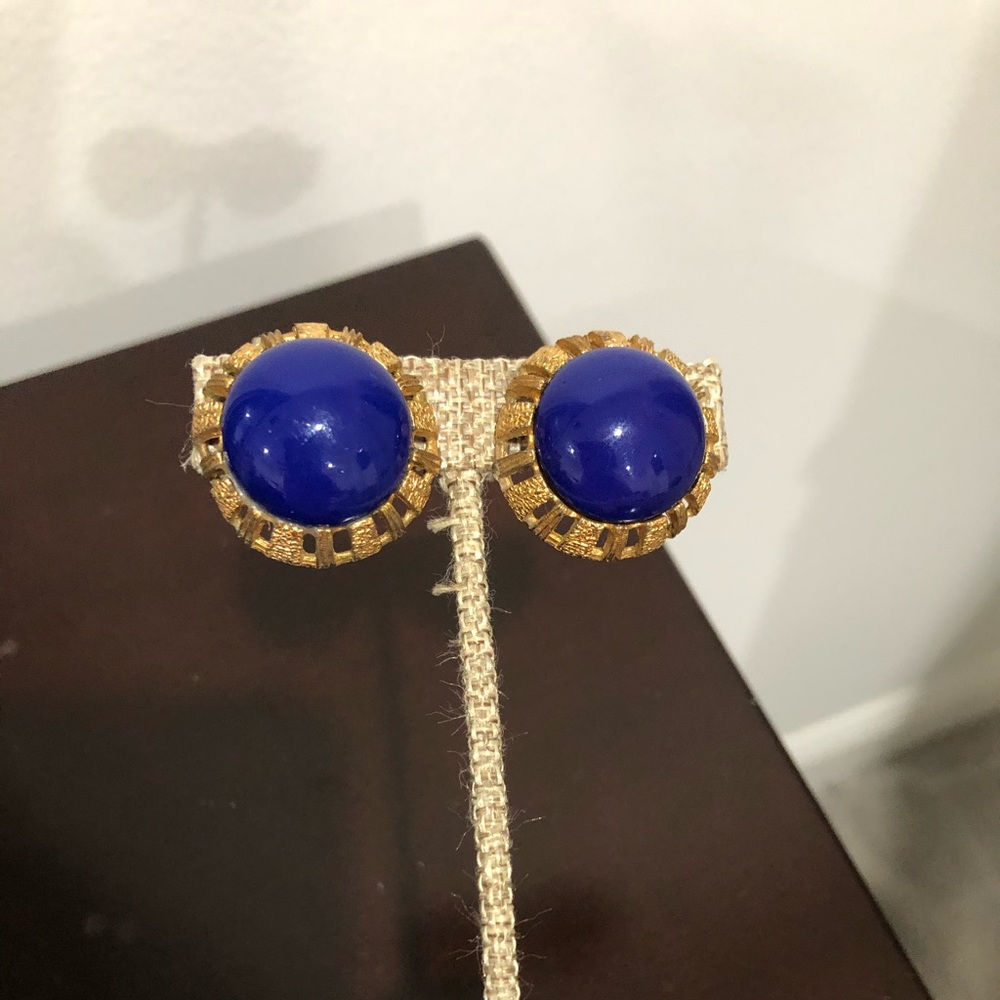 vintage earrings, glossy vibrant navy blue